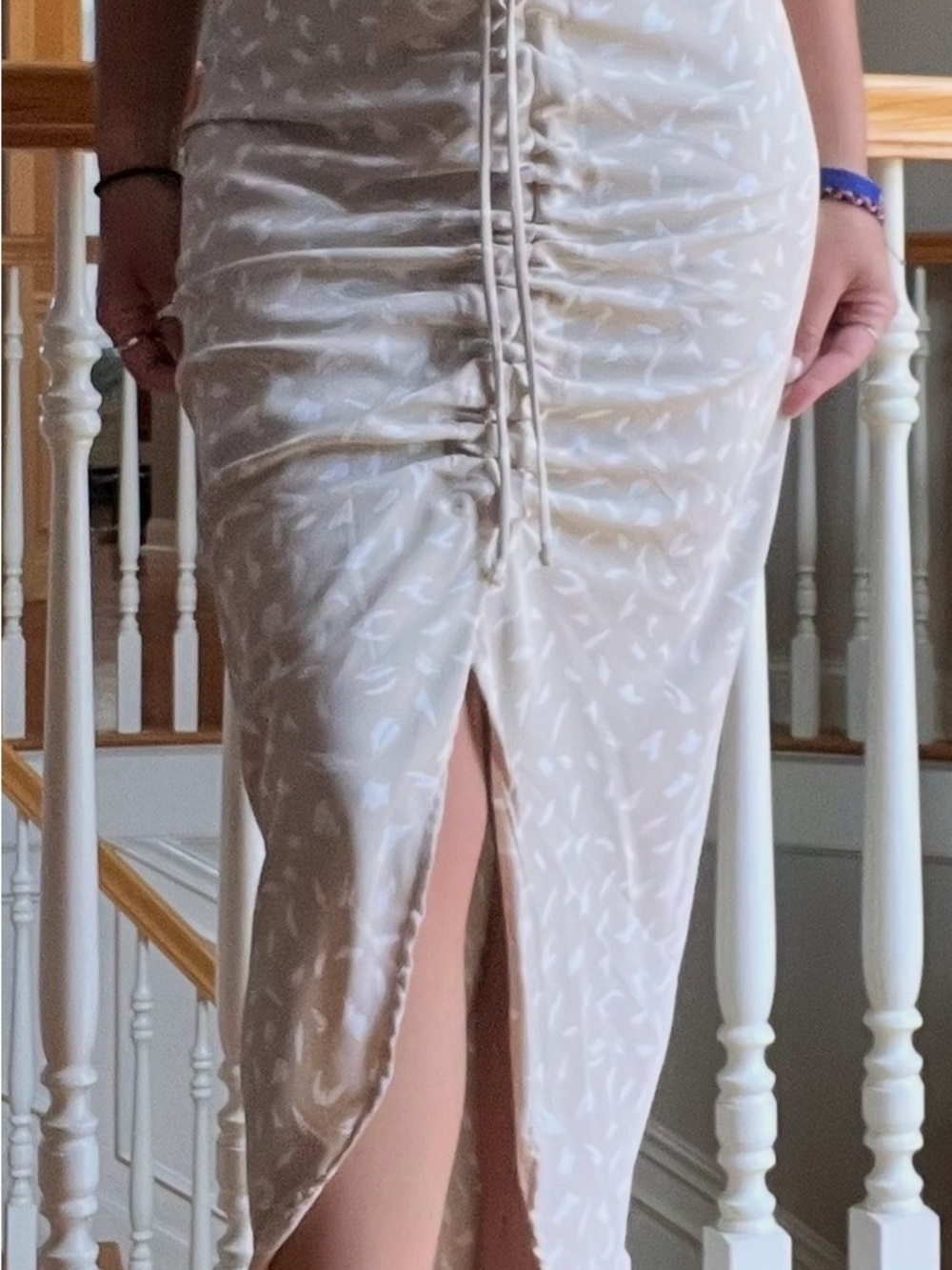 Ruched Front Beige Midi Skirt with Front Slit